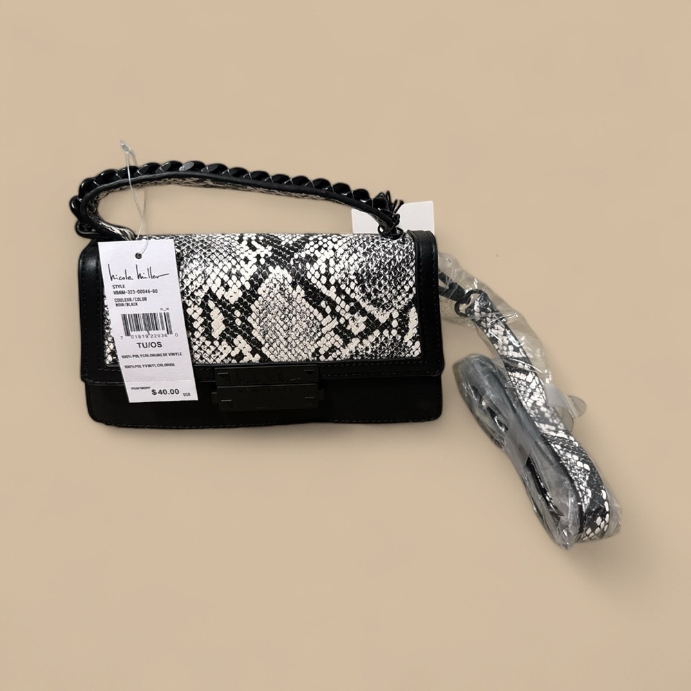 Nicole Miller Black and Silver Snake Print Crossbody Bag